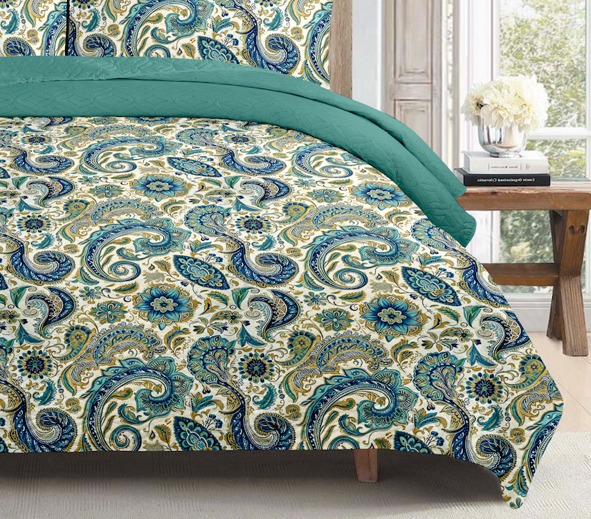 Turquoise Paisley Printed Cotton Reversible Summer Lightweight Bedspread Quilt Set - Adore India   