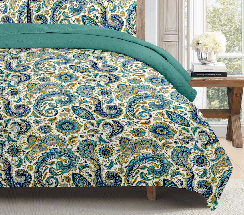 Turquoise Paisley Printed Cotton Reversible Summer Lightweight Bedspread Quilt Set