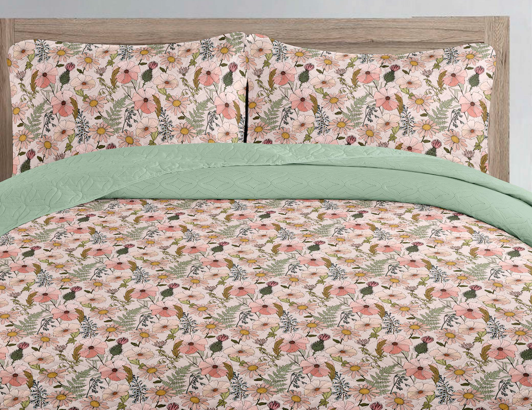 Pink Sage Block Batik Printed Cotton Reversible Summer Lightweight Bedspread Quilt Set