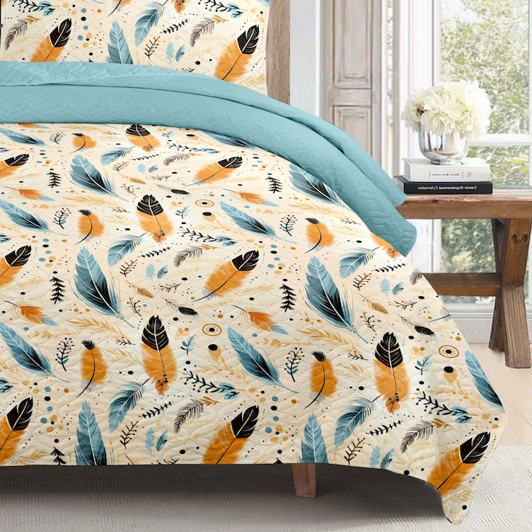 Boho Teal Feather Printed Cotton Reversible Summer Lightweight Bedspread Quilt Set