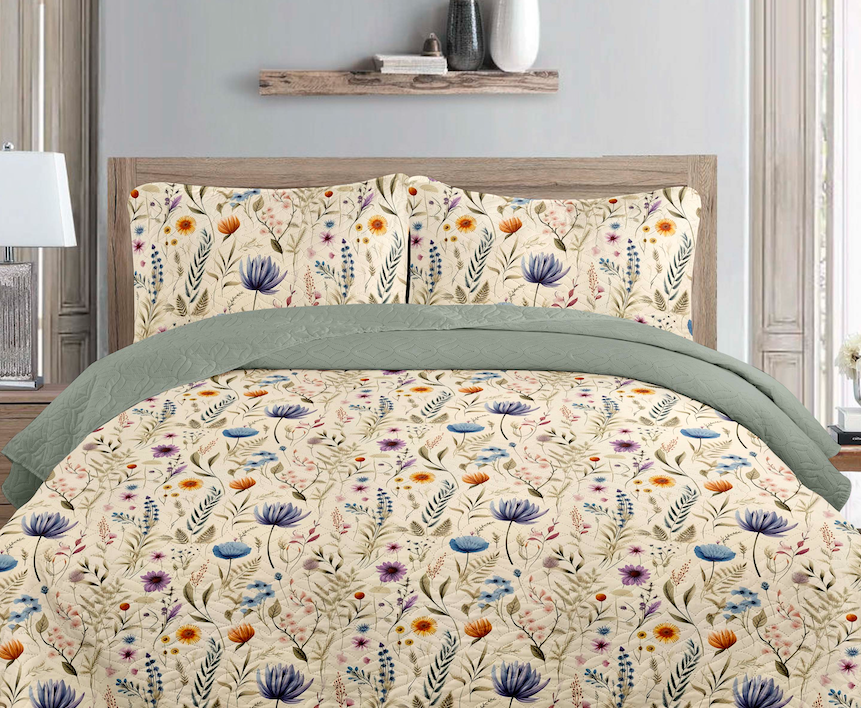 Wild Floral Purple Printed Cotton Reversible Summer Lightweight Bedspread Quilt Set