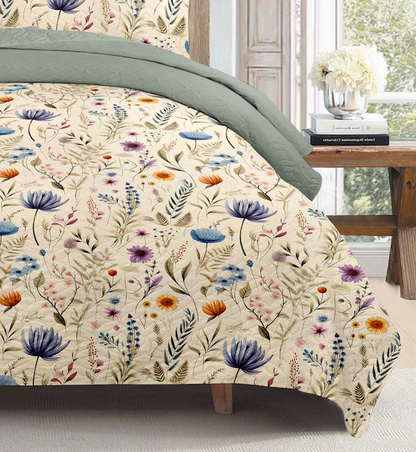 Wild Floral Purple Printed Cotton Reversible Summer Lightweight Bedspread Quilt Set