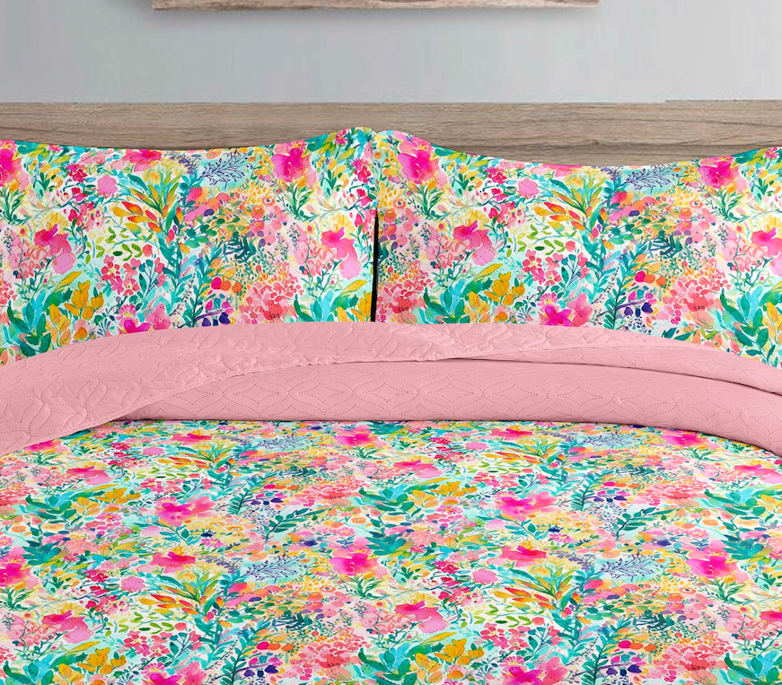 Watercolour Floral Printed Cotton Reversible Summer Lightweight Bedspread Quilt Set - Adore India   