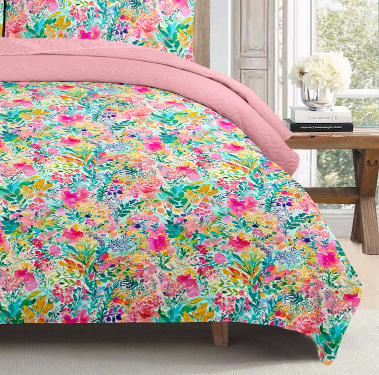 Watercolour Floral Printed Cotton Reversible Summer Lightweight Bedspread Quilt Set