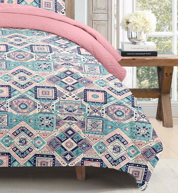Pastel Aztec Geometrical Printed Cotton Reversible Summer Lightweight Bedspread Quilt Set