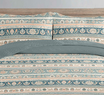 Pastel Floral Stripe Printed Cotton Reversible Summer Lightweight Bedspread Quilt Set