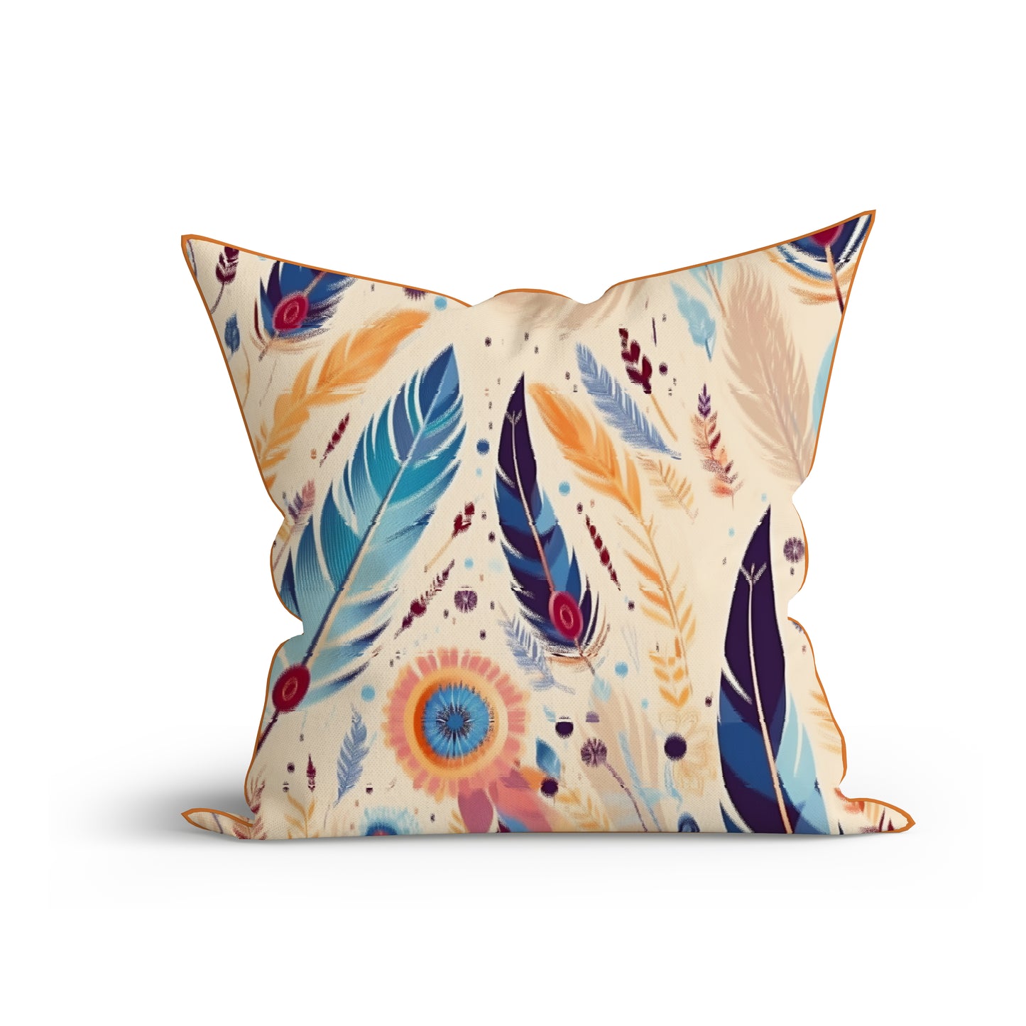 Bohemian Azure Feather Printed Cotton Cushion with Piping-Adore India