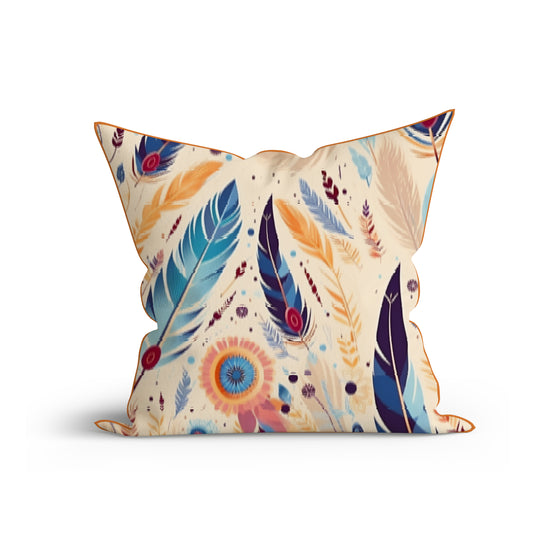 Bohemian Azure Feather Printed Cotton Cushion with Piping-Adore India