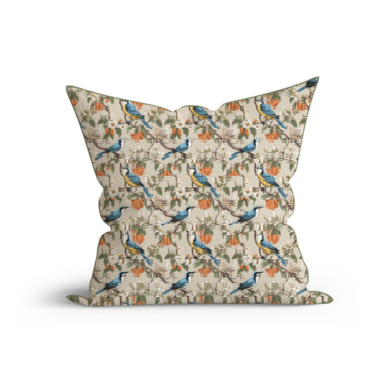 Bohemian Bird Charm Printed Cotton Cushion with Piping - Adore India