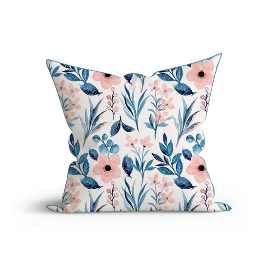 Bohemian Blue Floral Watercolor Cotton Cushion with Piping-Adore India