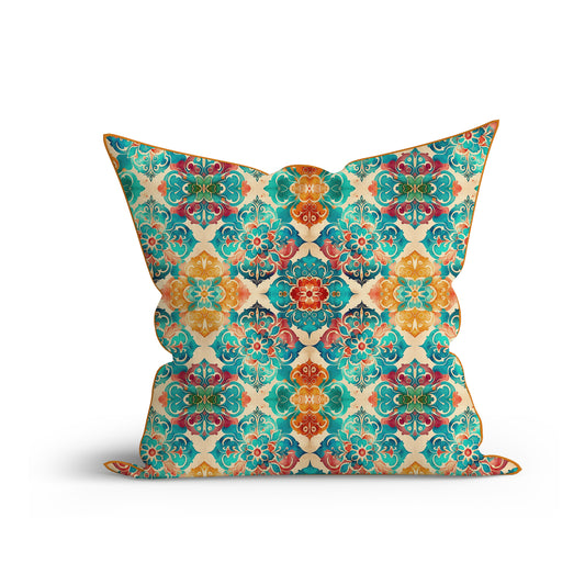 Bohemian Green Clover Leaf Cotton Cushion with Piping-Adore India