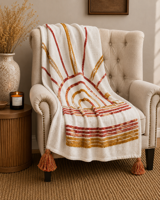 Bohemian Mustard Cotton Bedding Tufted Throw Blanket