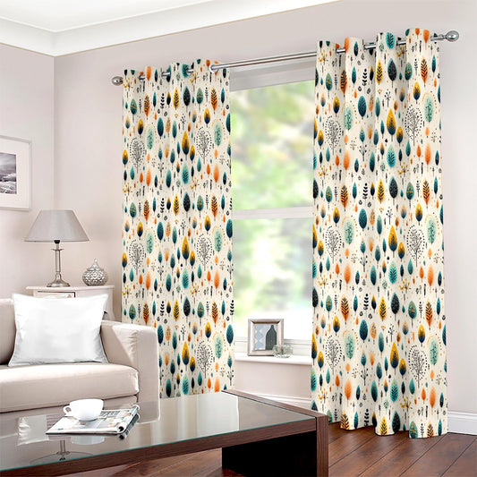 Teal Bohemian Minimalistic Eclectic Floral Printed Curtain Set