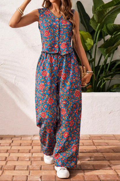 Cotton Teal Floral Sleeveless Top & Palazzo Summer Casual Co-Ord Set