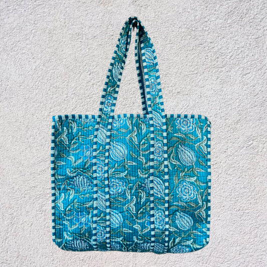 Handmade Boho Cotton Teal Floral Quilted Bags Beach Tote Bag