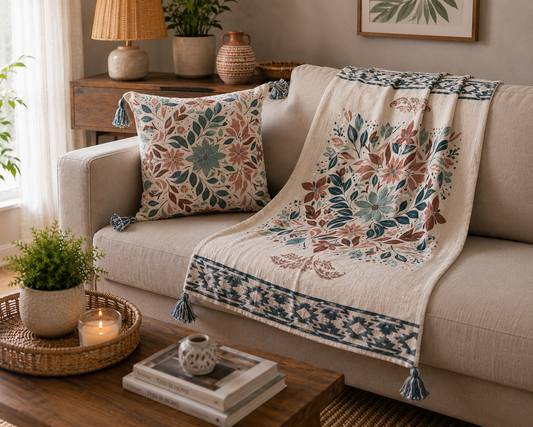 Decorative throw blanket and pillows on a sofa in a living room setting.