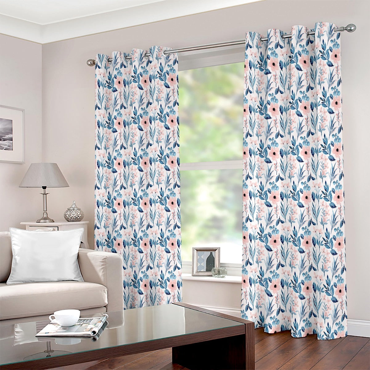 Water Colour Blue Pink Pastel Art Printed Curtain Set