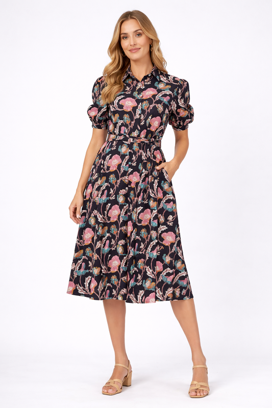 Midnight Love Short Sleeve Cotton Dress – Floral Elegance in Black