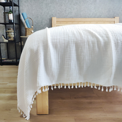 Organic Cotton Muslin Soft Bedding Blanket Throw With Tassels