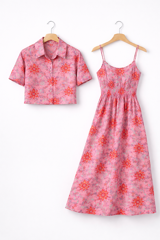 Vintage Rose Pink Floral Printed Long Cotton Dress Set