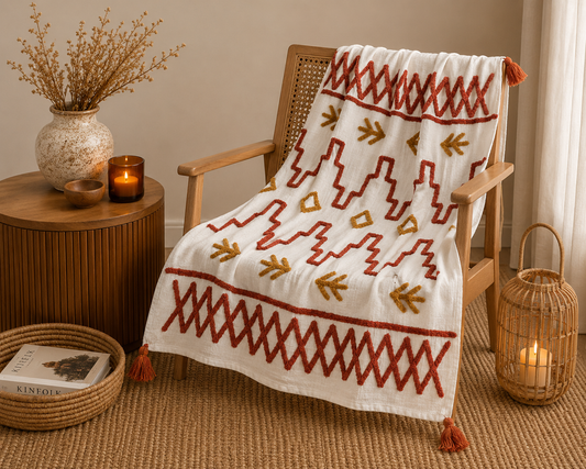 Bohemian Red Cotton Bedding Tufted Throw Blanket