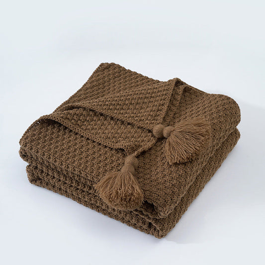 Brown Nordic Solid Colour Tassel Knitted Blanket Throw