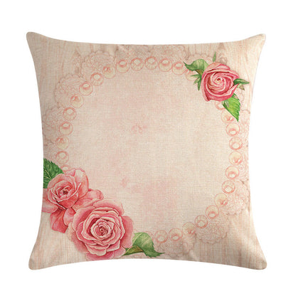 Pink Retro Floral Cushion Cover Cotton Linen Pillowcase