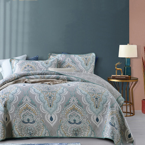 Bohemian Royal Beige Mint Cotton 3 Piece Bedspread Embroidery Bedding Set