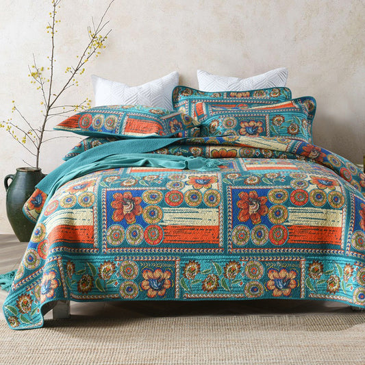 Vibrant Bohemian Floral Cotton 3 Piece Bedspread Embroidery Bedding Set - Adore India   