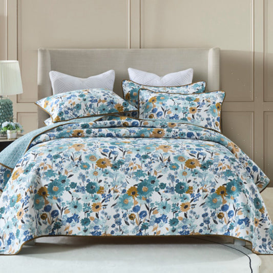 Aqua Yellow Floral Printed Cotton 3 Piece Bedspread Bedding Set