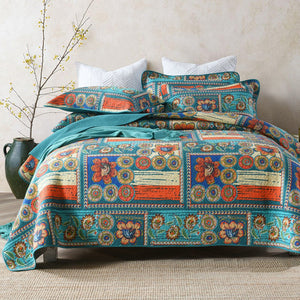 Vibrant Bohemian Floral Cotton 3 Piece Bedspread Embroidery Bedding Set