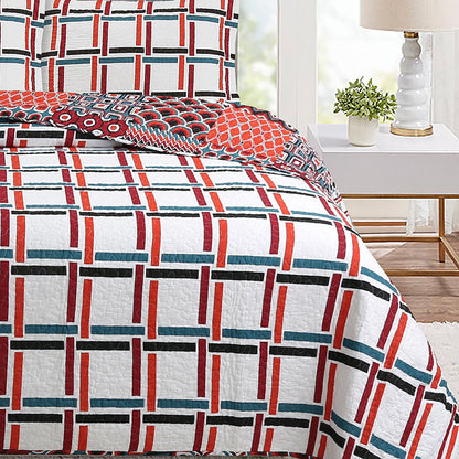 Red Multi Geometrical Cotton 3 Piece Bedspread Bedding Set