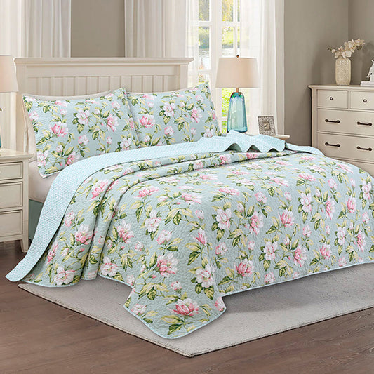 Sage Floral Cotton 3 Piece Bedspread Bedding Set Light Weight Quilt