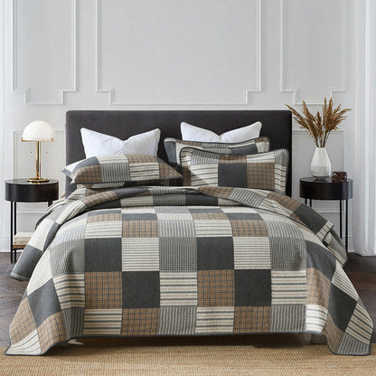 Brown Printed Patchwork Cotton 3 Piece Bedspread Bedding Set - Adore India   