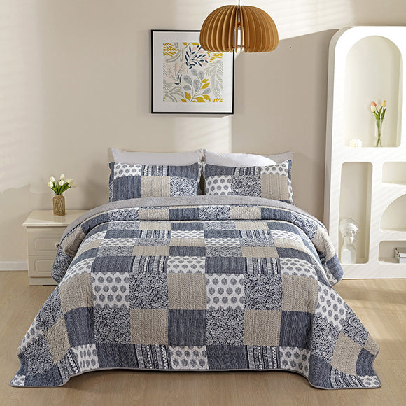 Grey Patchwork Printed Cotton 3 Piece Bedspread Bedding Set