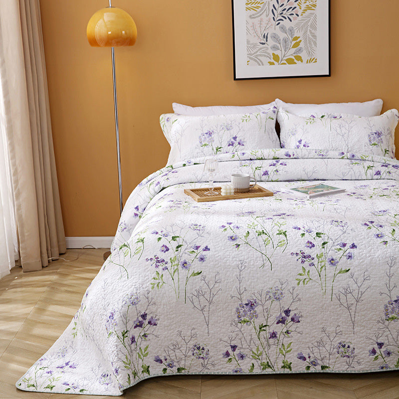 Lilac Floral Cotton 3 Piece Bedspread Bedding Set Light Weight Quilt - Adore India   