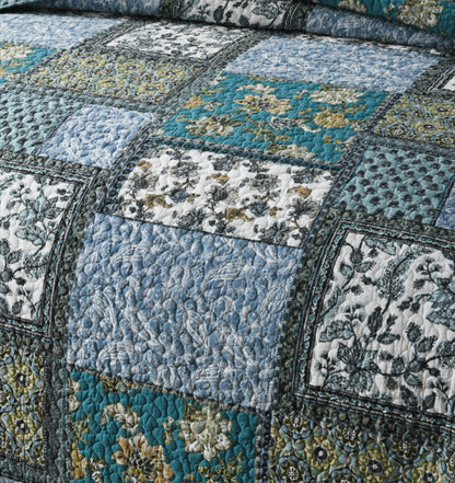 Teal Floral Patchwork Cotton 3 Piece Bedspread Bedding Set - Adore India   