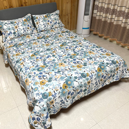 Aqua Yellow Floral Printed Cotton 3 Piece Bedspread Bedding Set - Adore India   