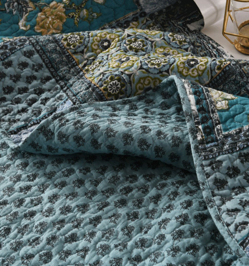 Teal Floral Patchwork Cotton 3 Piece Bedspread Bedding Set - Adore India   