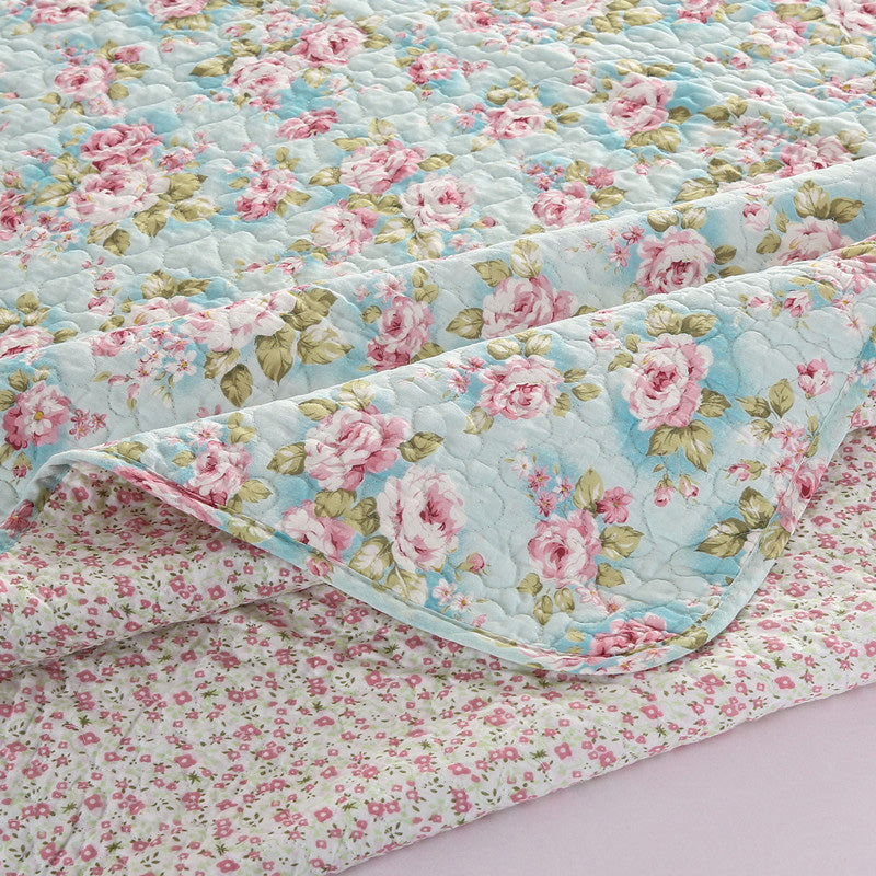 Teal Pink Floral Cotton 3 Piece Bedspread Bedding Set Light Weight Quilt - Adore India   