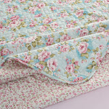 Teal Pink Floral Cotton 3 Piece Bedspread Bedding Set Light Weight Quilt