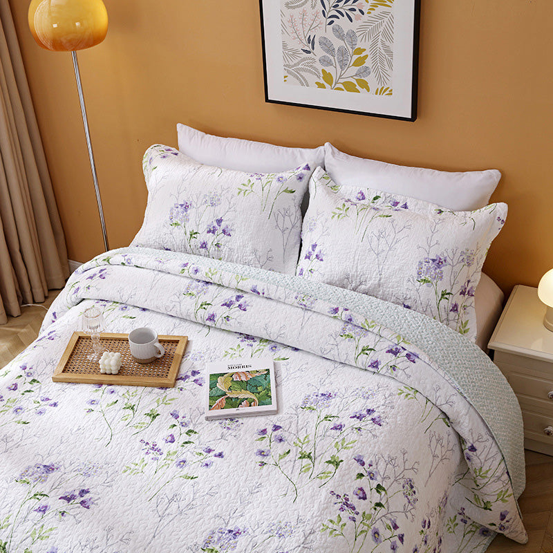 Lilac Floral Cotton 3 Piece Bedspread Bedding Set Light Weight Quilt - Adore India   