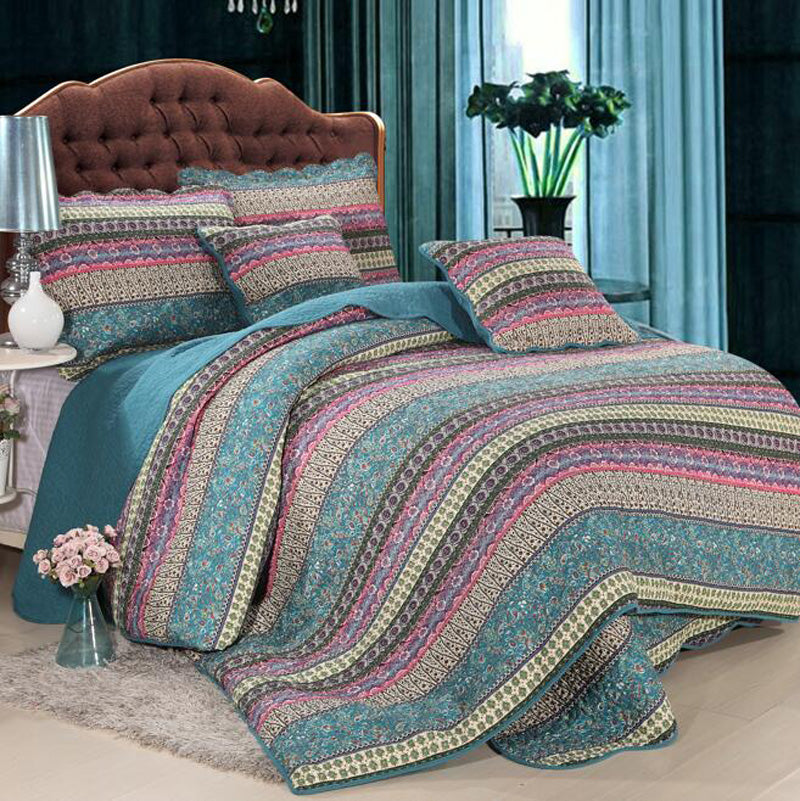 Teal Multi Horizontal Geometrical Cotton 3 Piece Bedspread Bedding Set - Adore India   