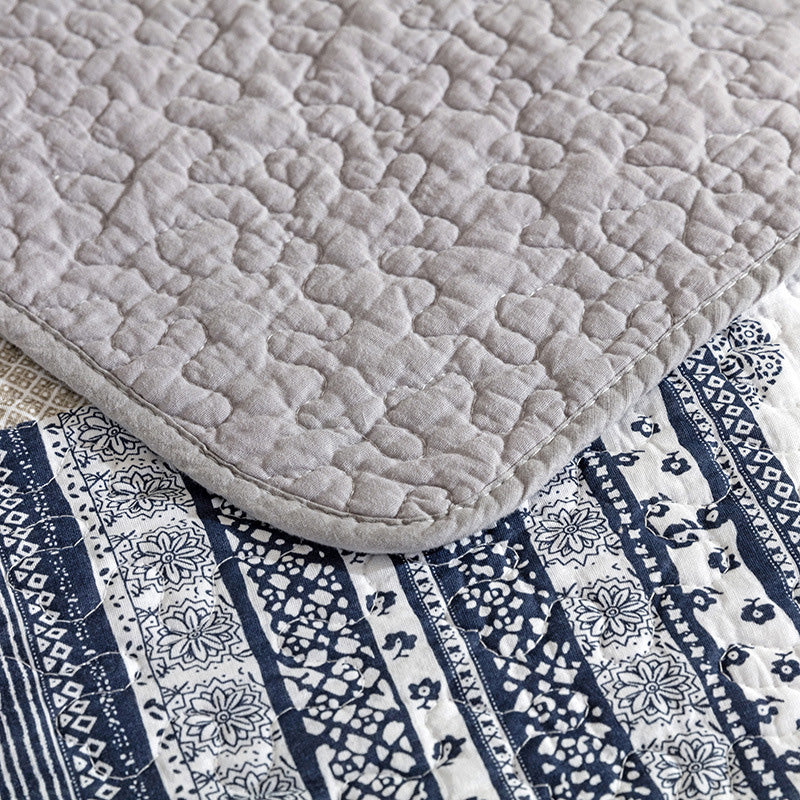 Grey Patchwork Printed Cotton 3 Piece Bedspread Bedding Set