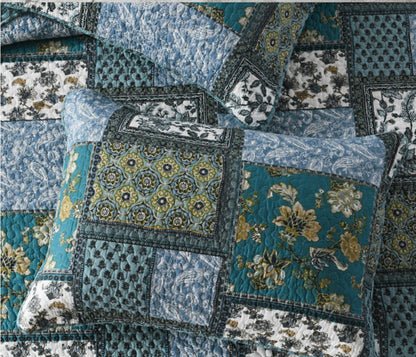 Teal Floral Patchwork Cotton 3 Piece Bedspread Bedding Set - Adore India   