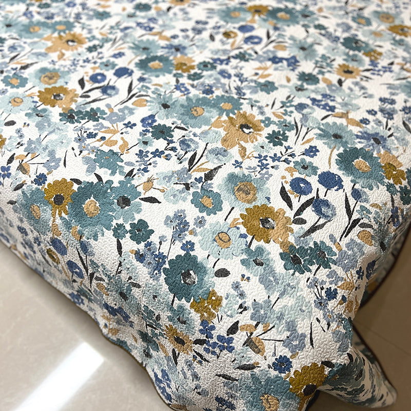 Aqua Yellow Floral Printed Cotton 3 Piece Bedspread Bedding Set - Adore India   