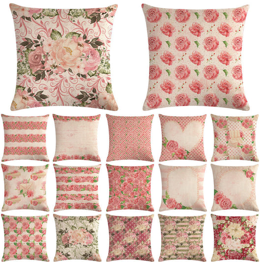 Pink Retro Floral Cushion Cover Cotton Linen Pillowcase