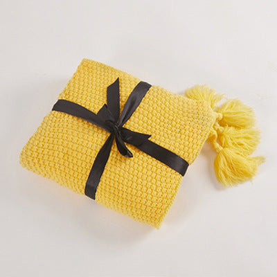 Mustard Yellow Nordic Solid Colour Tassel Knitted Blanket Throw