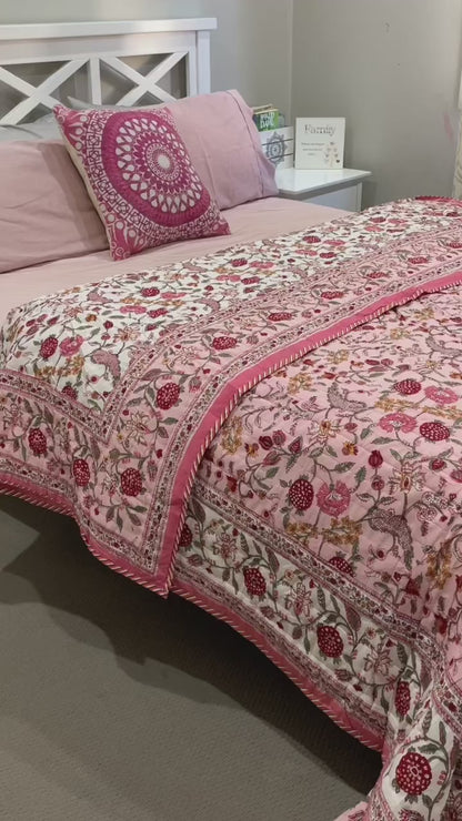 Fruity Pink Floral Cotton Padded Kantha Bedspread Quilt Comforter