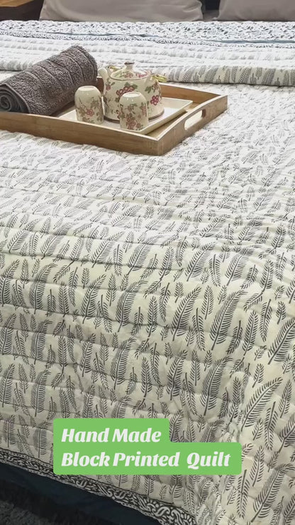 Bohemian Hand Block Hand Printed Cotton Indigo Feather Quilt Bedspread